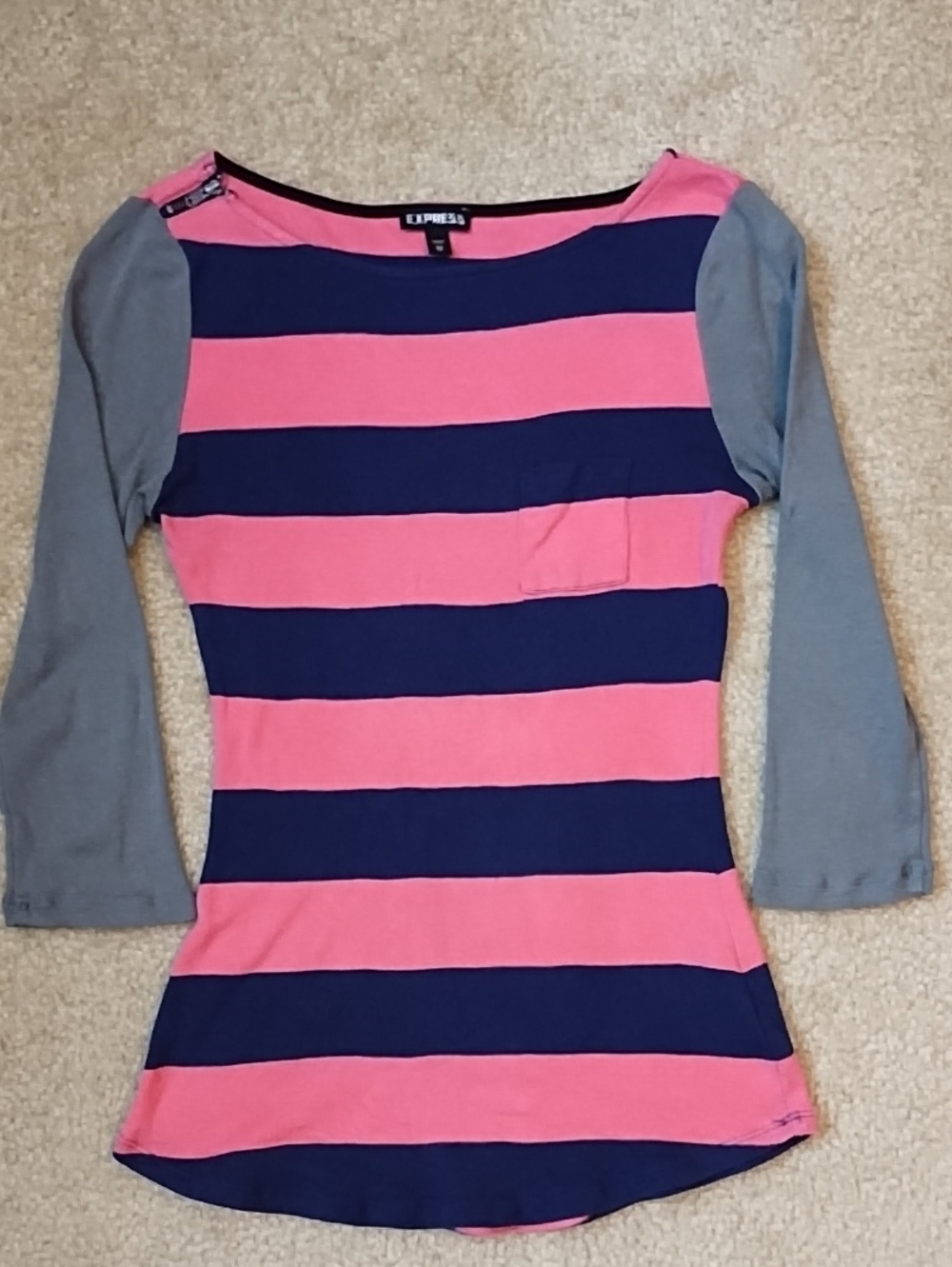 Express Striped Knit 3/4 Raglan Boatneck Top Pink Navy Gray XS Soft Cotton Modal